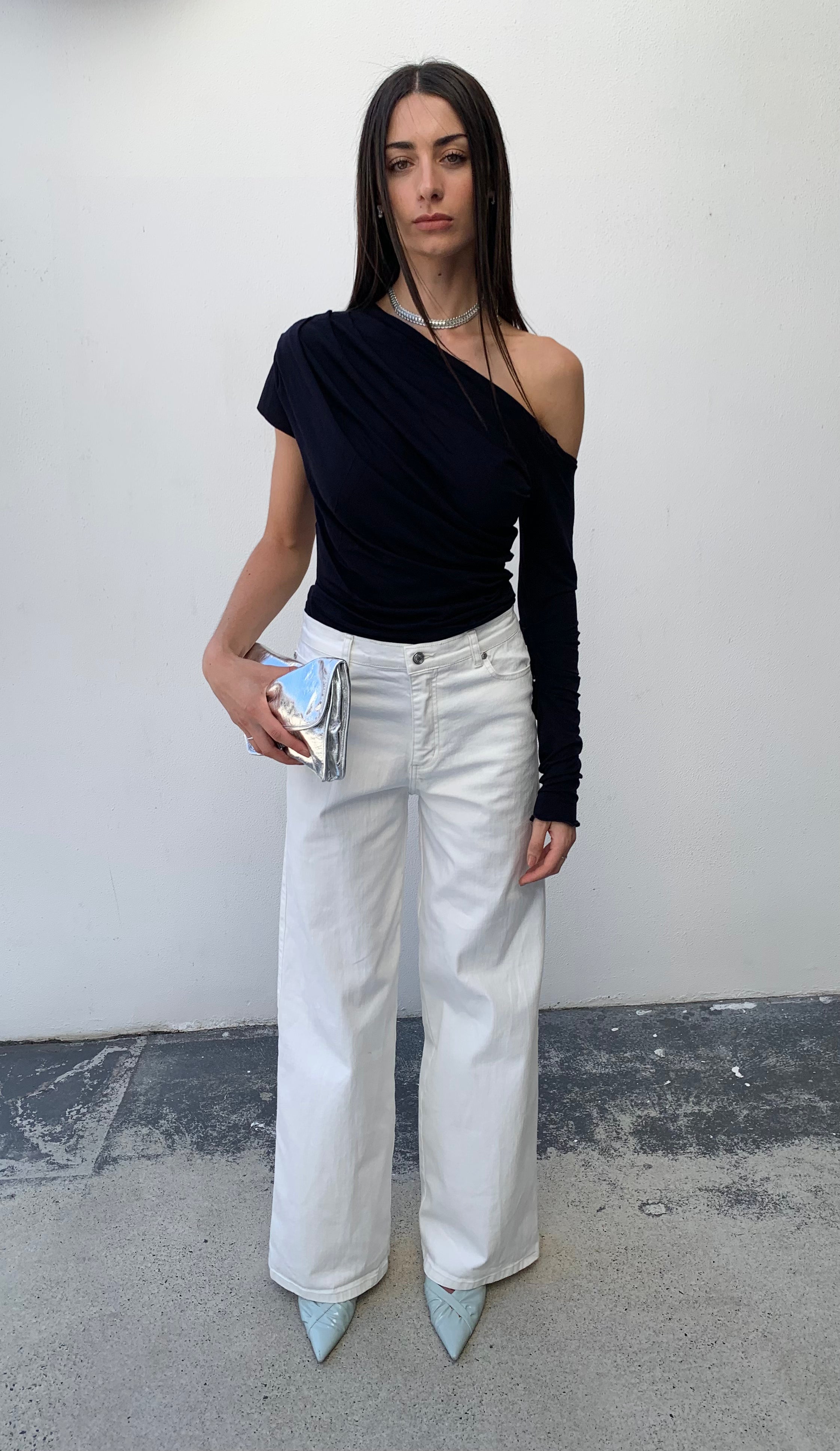 Baggy Wide Leg Harlow Jeans. High Rise. Stretch Canvas. Natural White. - BY BETTINA LIANO