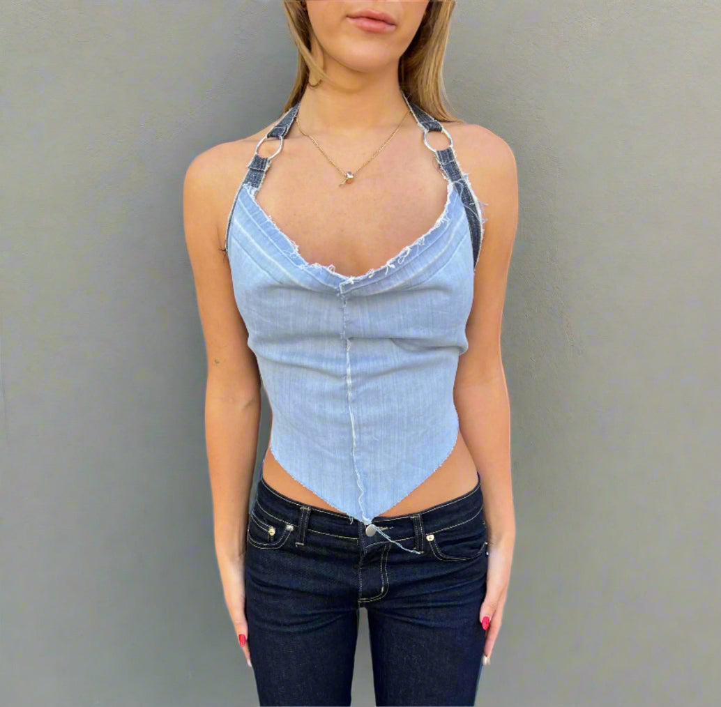 Upcycled Denim Halter Top. Mixed Blue. - BY BETTINA LIANO