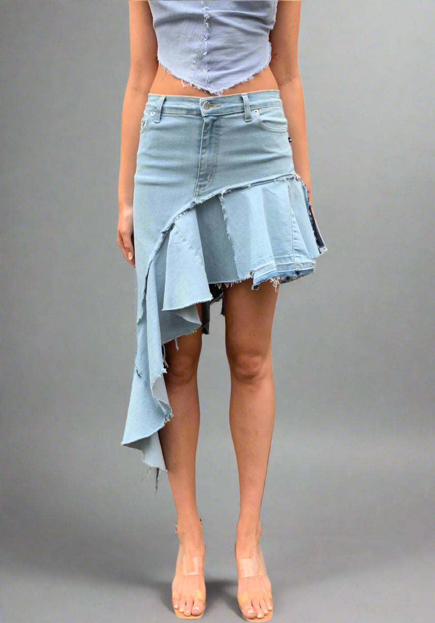 Denim Upcycled, Ruffle Maxi Skirt. Mixed Blue - BY BETTINA LIANO