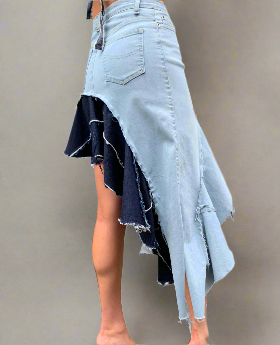 Denim Upcycled, Ruffle Maxi Skirt. Mixed Blue - BY BETTINA LIANO