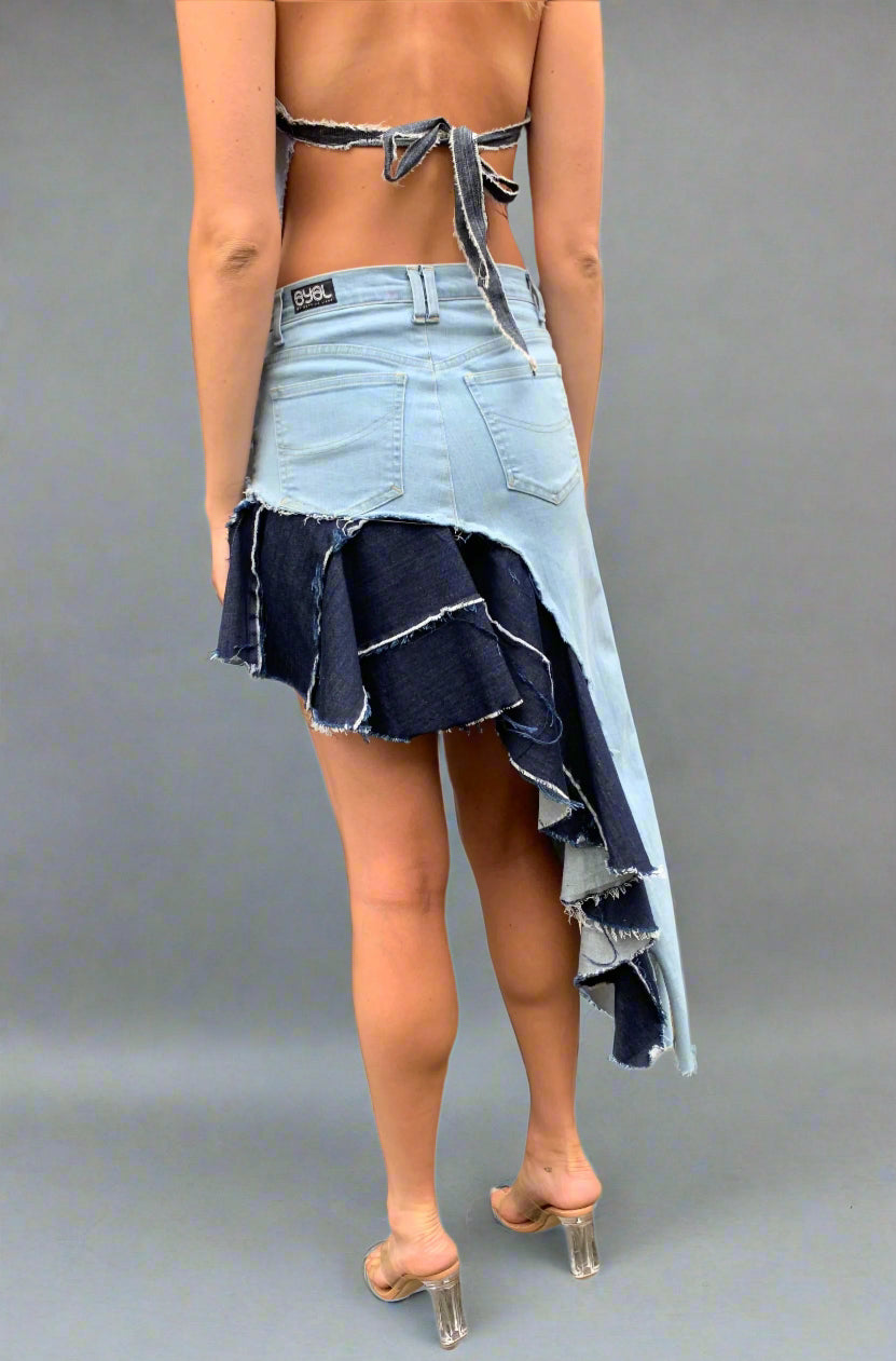 Denim Upcycled, Ruffle Maxi Skirt. Mixed Blue - BY BETTINA LIANO