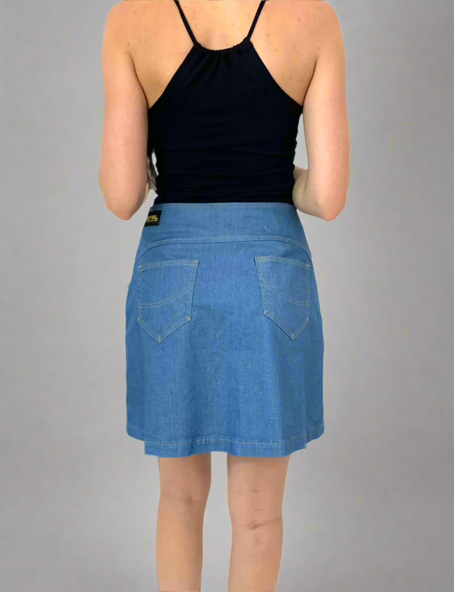 A Line. Double Breasted Skirt. Stretch Denim. Cornflower Blue - BY BETTINA LIANO