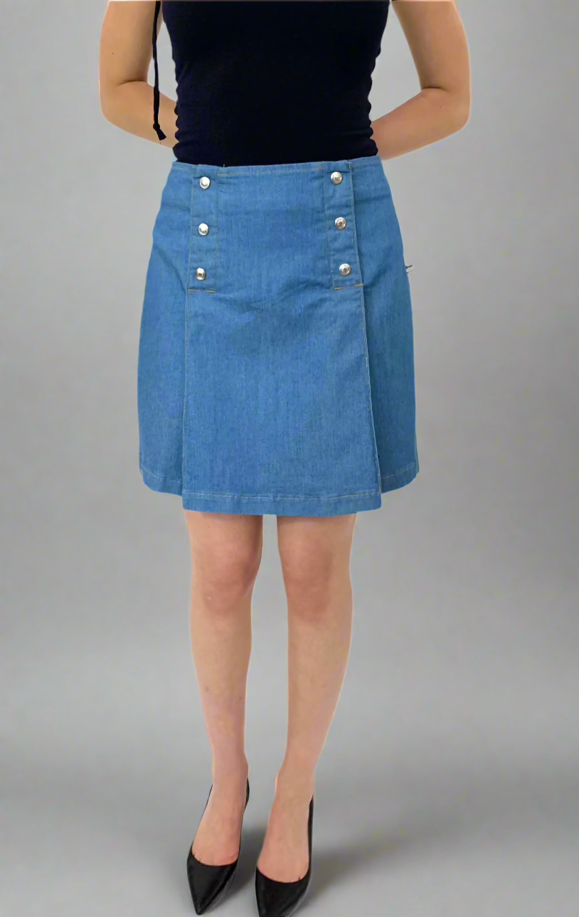 A Line. Double Breasted Skirt. Stretch Denim. Cornflower Blue - BY BETTINA LIANO