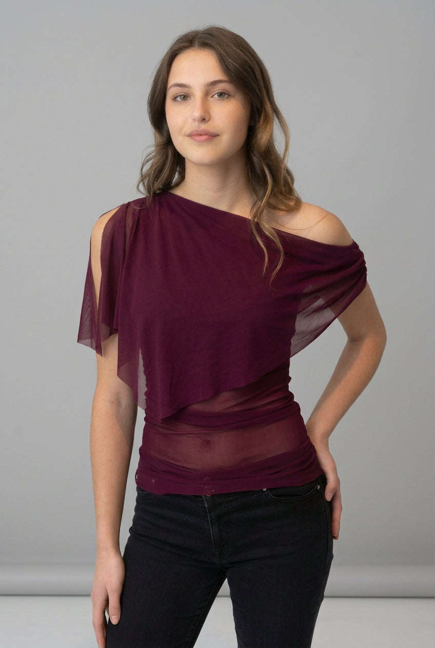 Mesh Shawl Top . Burgandy - BY BETTINA LIANO