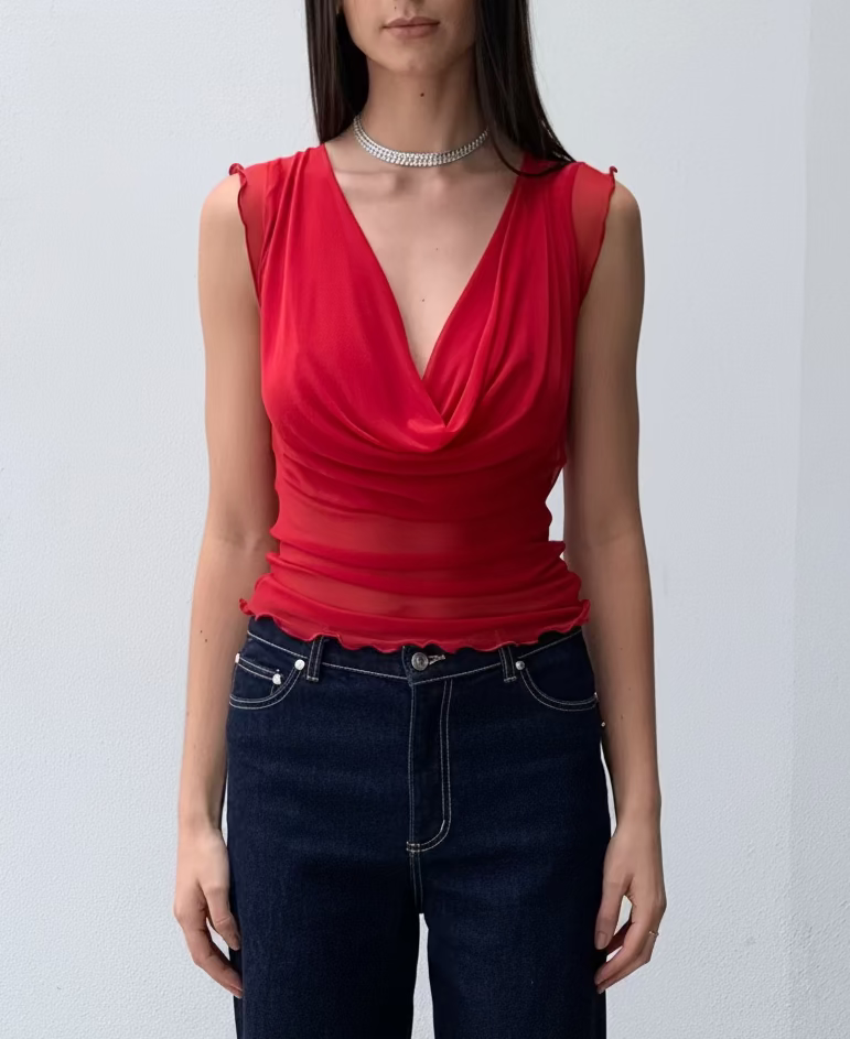 Mercury Mesh Drape Top. Red - BY BETTINA LIANO